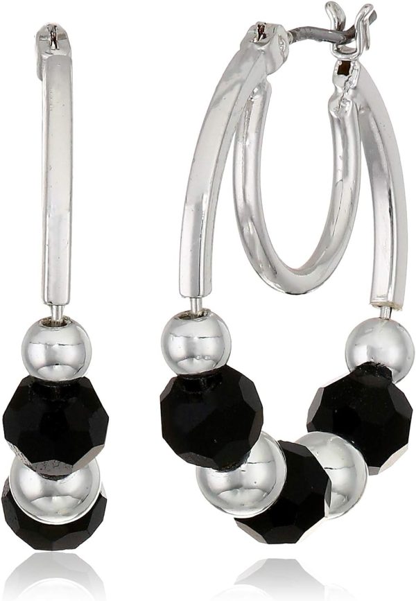 Nine West Women's Jet Bead Double Hoop Earrings Silver Tone-0