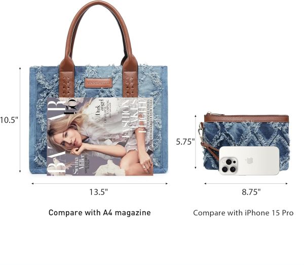 Denim Tote Bag for Women Top Handle Satchel Purse Boho Shoulder Handbags with Wristlet tote bag for